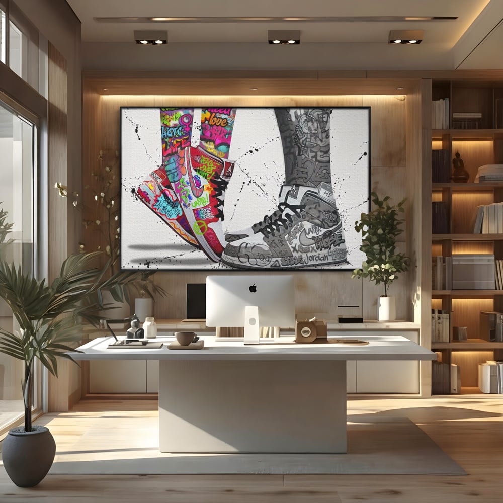 Tablou canvas cu tablou canvas cu adidasi graffiti si picioare, in rama de aluminiu negru, pe perete intr-un birou
